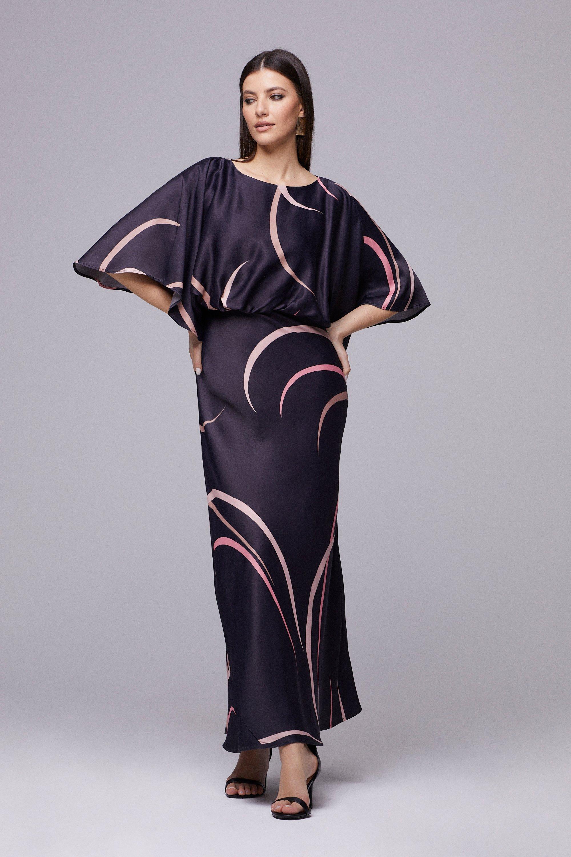 Womens Marble Print Cape Sleeve Maxi Dress