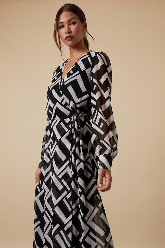 Wallis Tall Mono Geo Blouson Sleeve Wrap Midi Dress 2