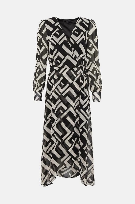 Wallis Tall Mono Geo Blouson Sleeve Wrap Midi Dress 5
