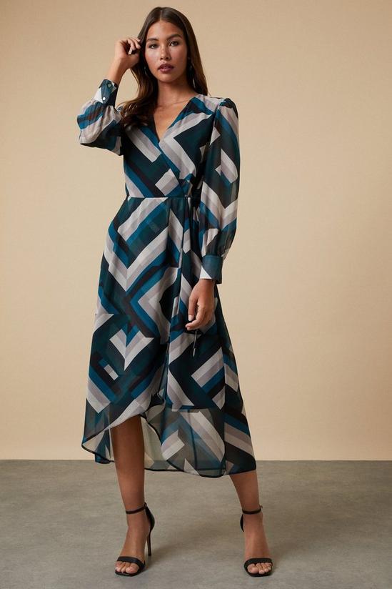 Wallis Green Geometric Blouson Sleeve Wrap Dress 1