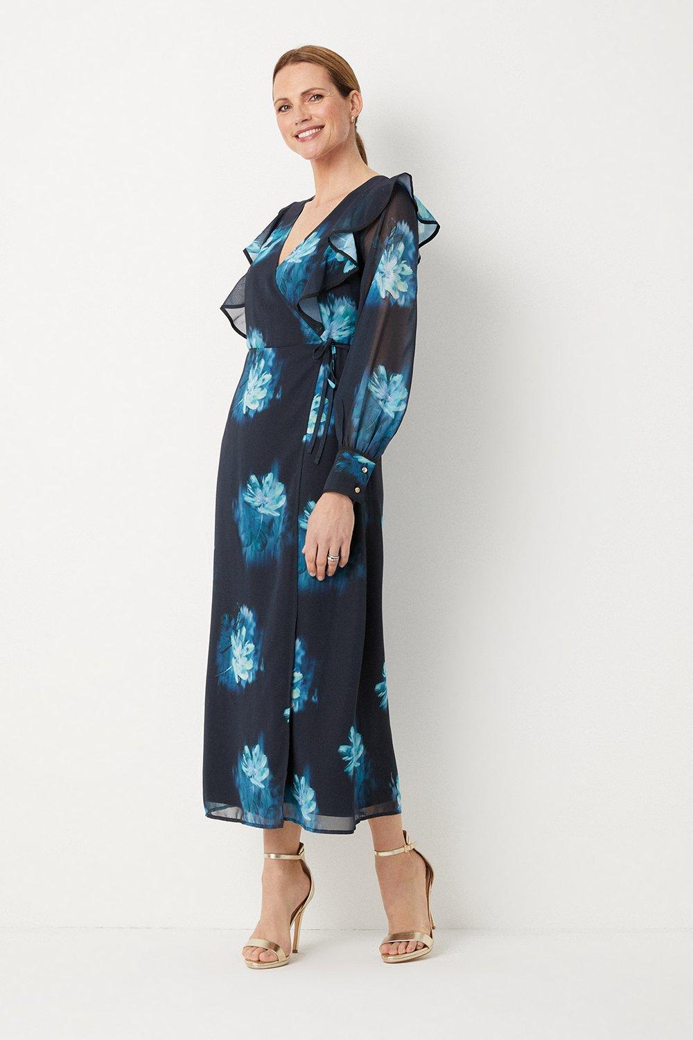 Womens Teal Blurred Floral Ruffle Neck Wrap Midi Dress