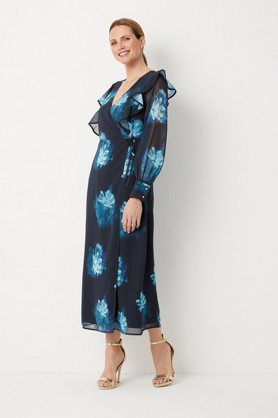Wallis Teal Blurred Floral Ruffle Neck Wrap Midi Dress 1