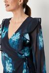 Wallis Teal Blurred Floral Ruffle Neck Wrap Midi Dress thumbnail 4