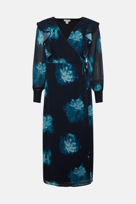 Wallis Teal Blurred Floral Ruffle Neck Wrap Midi Dress 5