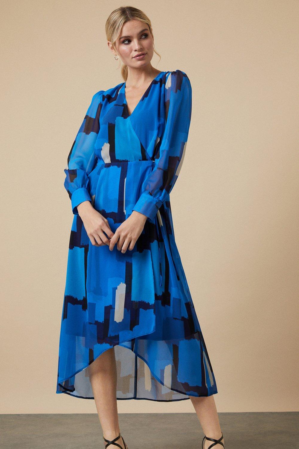 Womens Blue Abstract Blouson Sleeve Wrap Dress