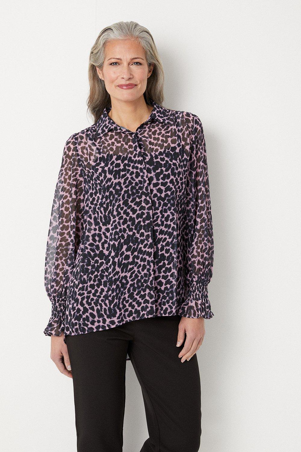 Womens Blush Leopard Shirred Cuff Shirt