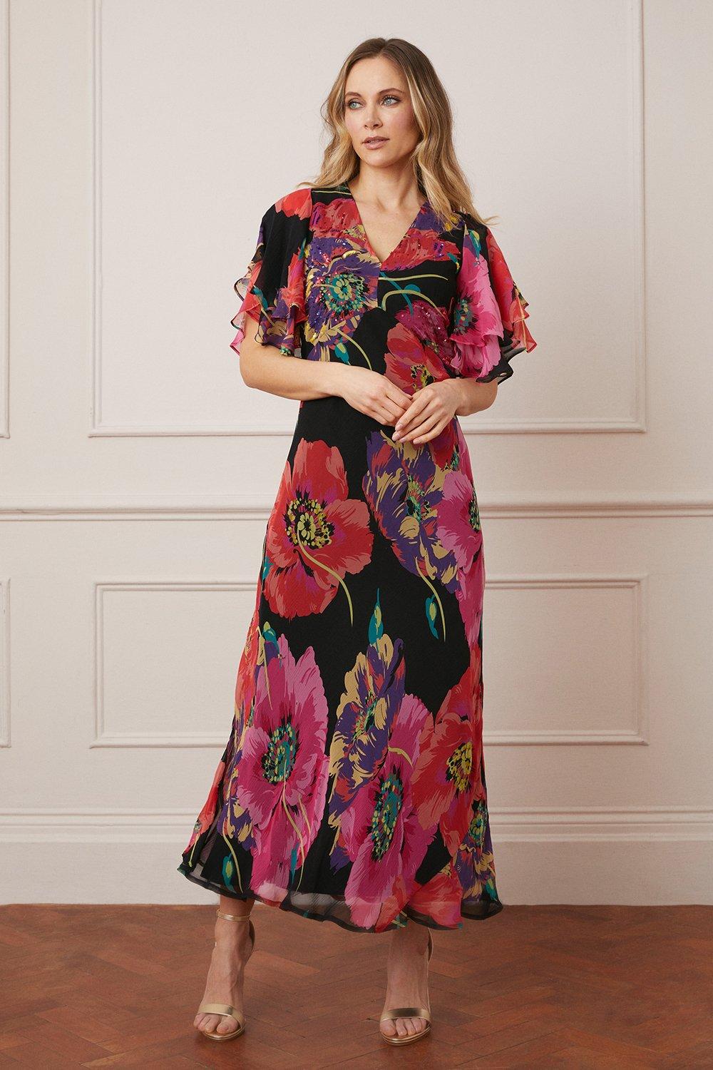 Womens Beaded Floral Ruffle Midi Dress