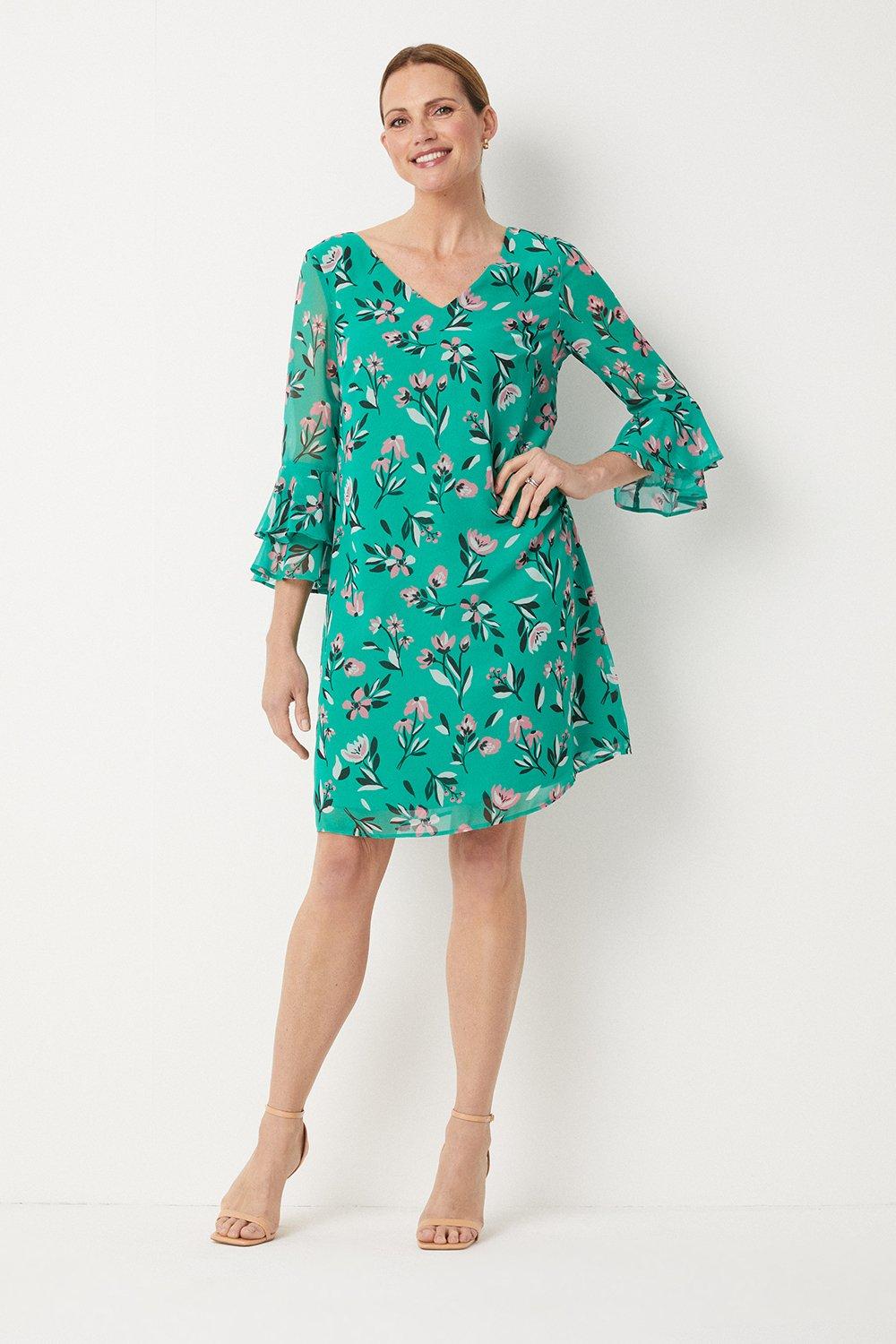 Womens Green Floral Print Shift Dress