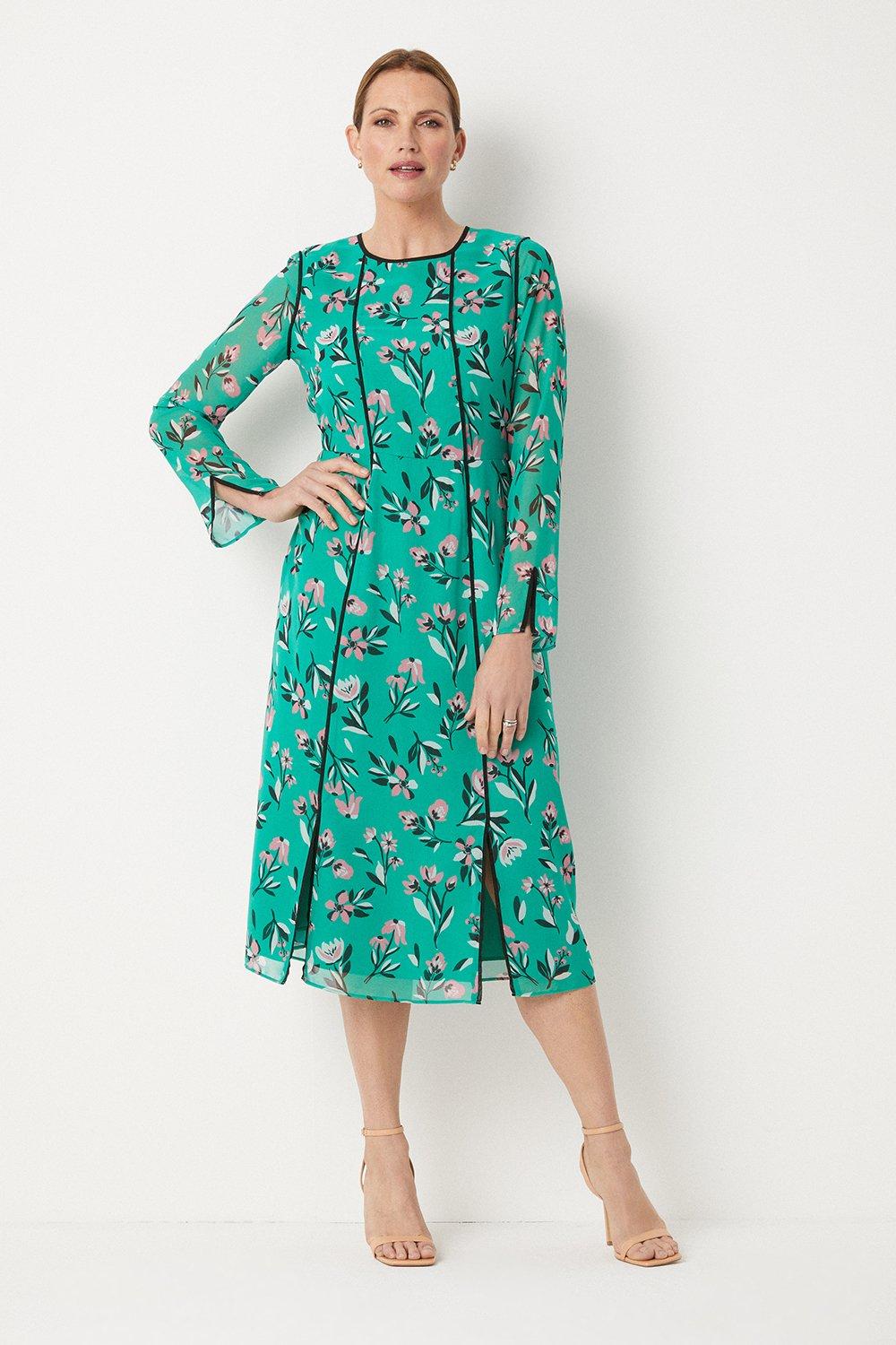 Womens Green Floral Print Midi Dress