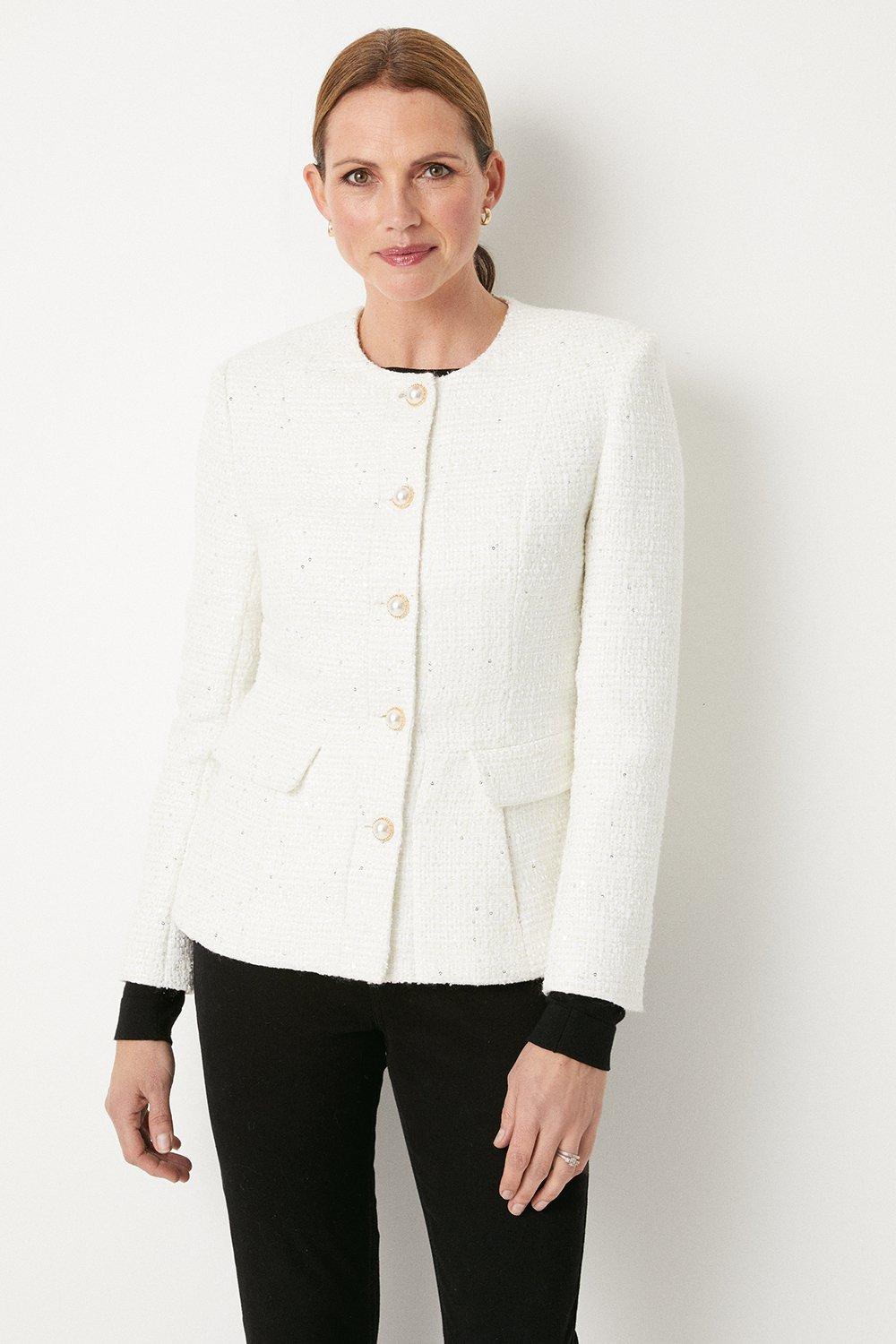 Womens Ivory Collarless Button Through Boucle Jacket