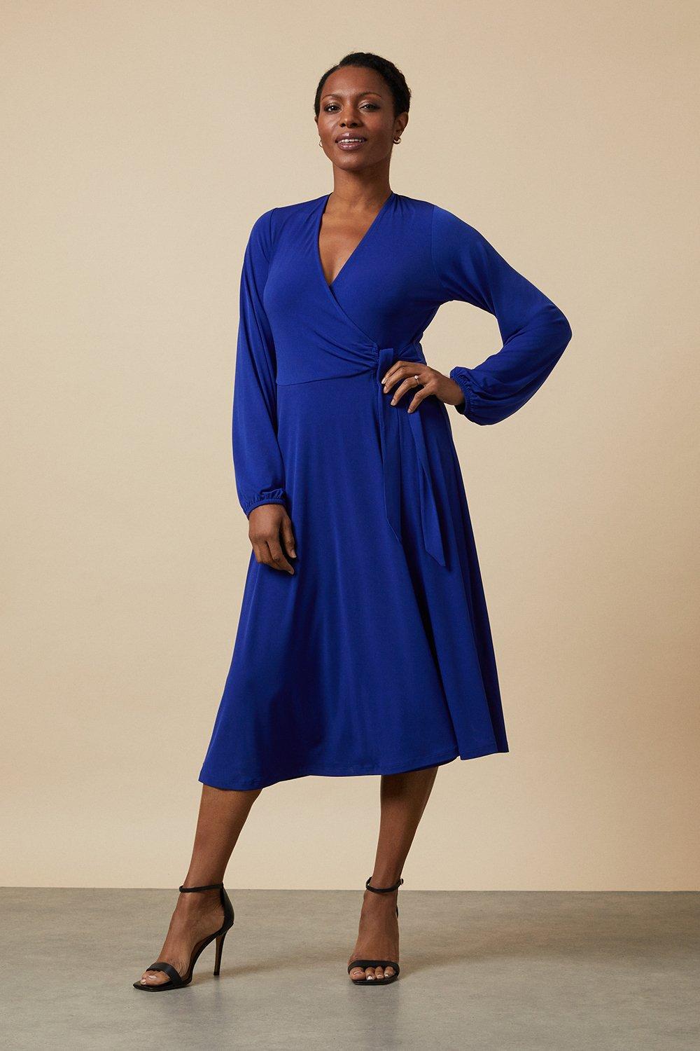 Womens Blue Jersey Wrap Midi Dress