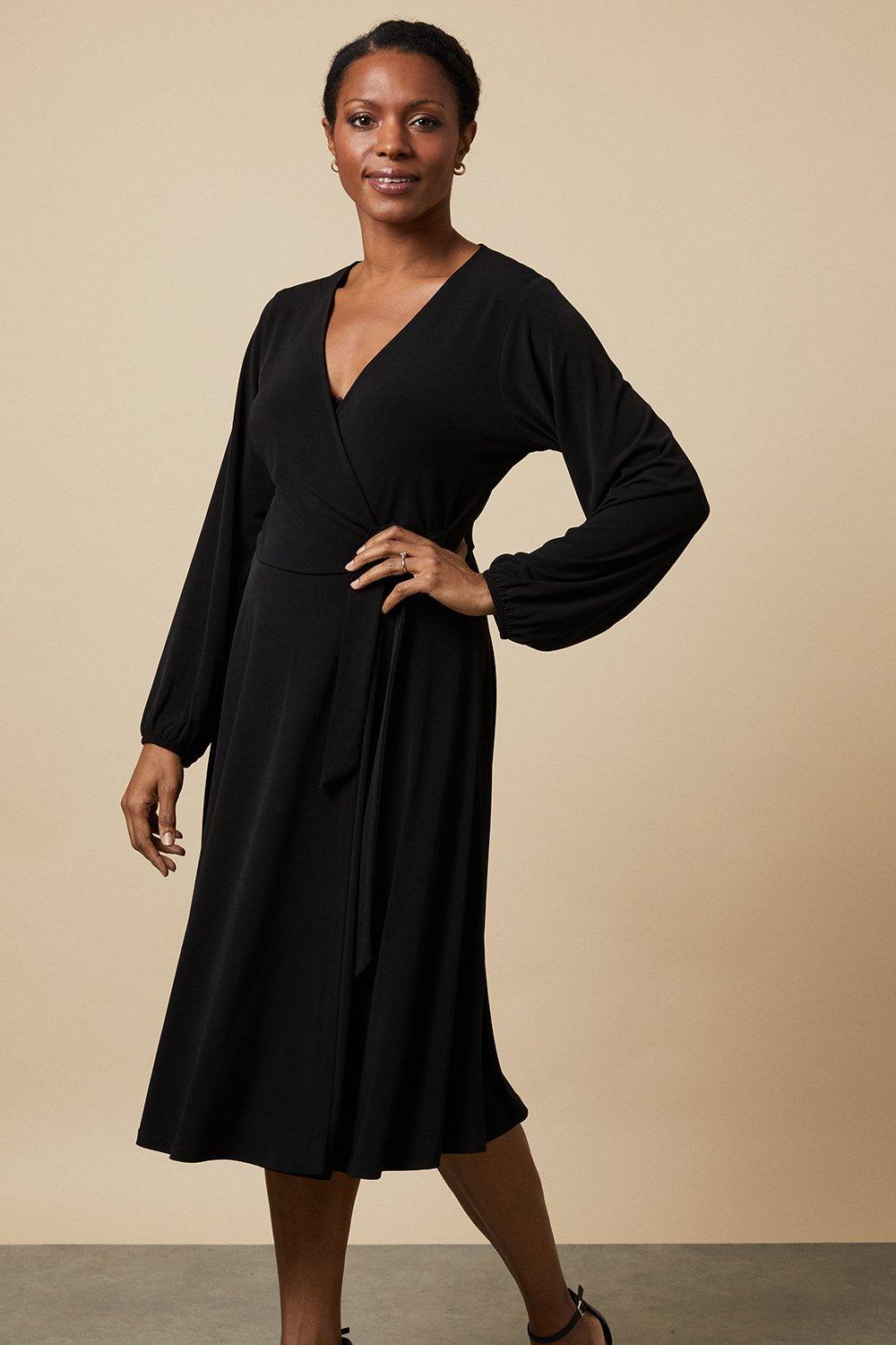 Womens Black Jersey Wrap Midi Dress