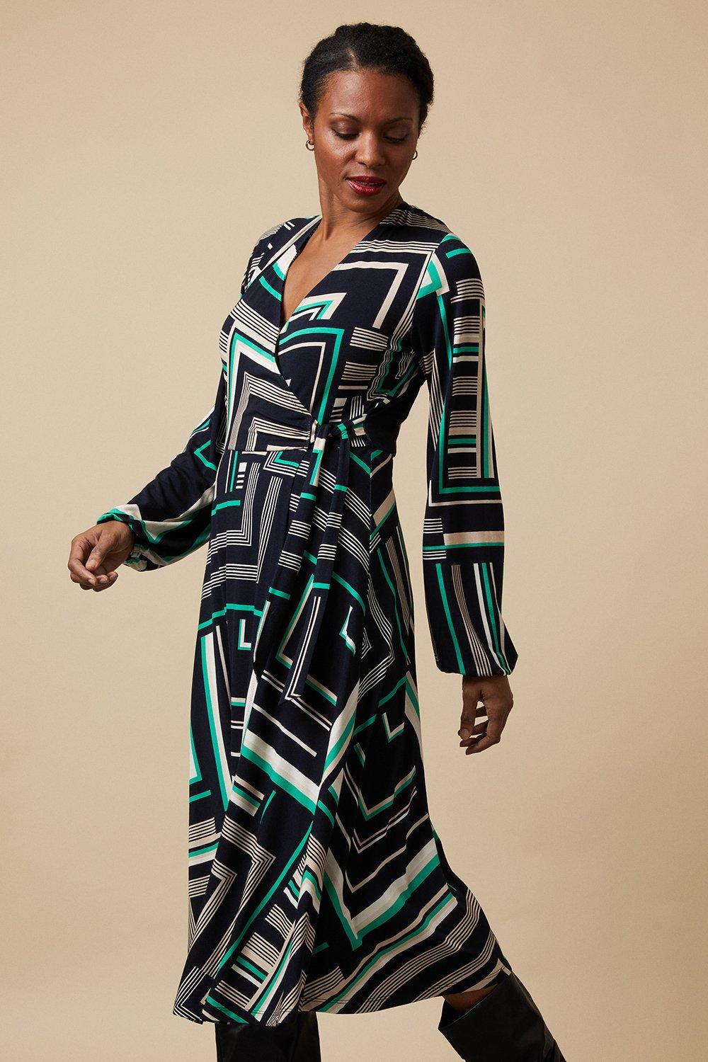 Womens Tall Green Geo Jersey Wrap Midi Dress