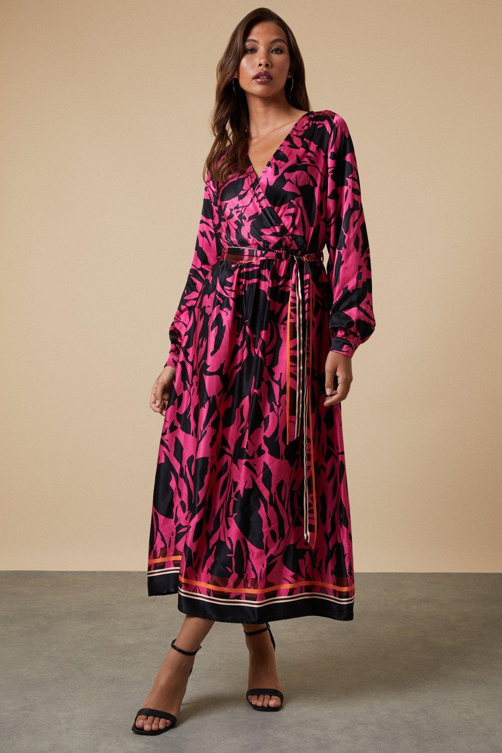 Womens Printed Viscose Satin Wrap Belted Midi Dress