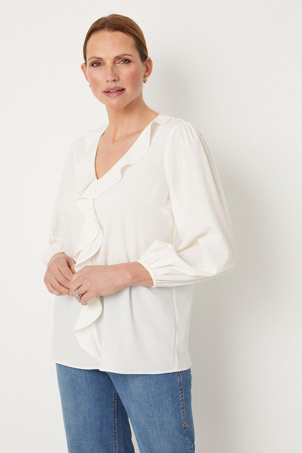 Womens Ivory Ruffle Front Blouse