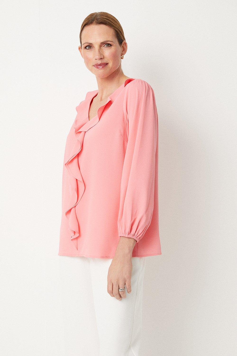 Womens Pink Ruffle Front Blouse