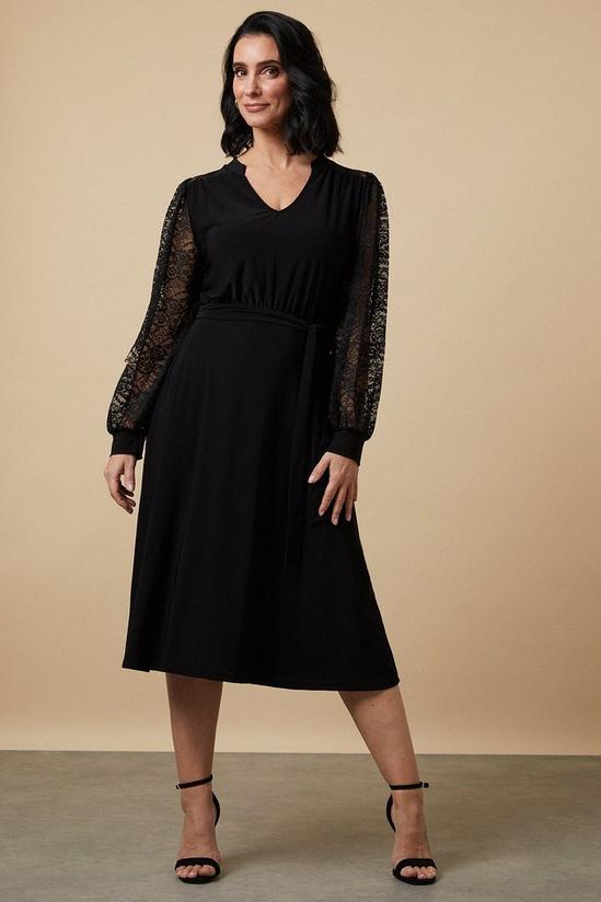 Wallis Petite Black Lace Sleeve Belted Jersey Midi Dress 1