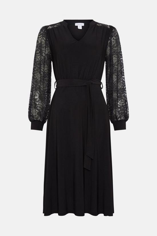 Wallis Petite Black Lace Sleeve Belted Jersey Midi Dress 5