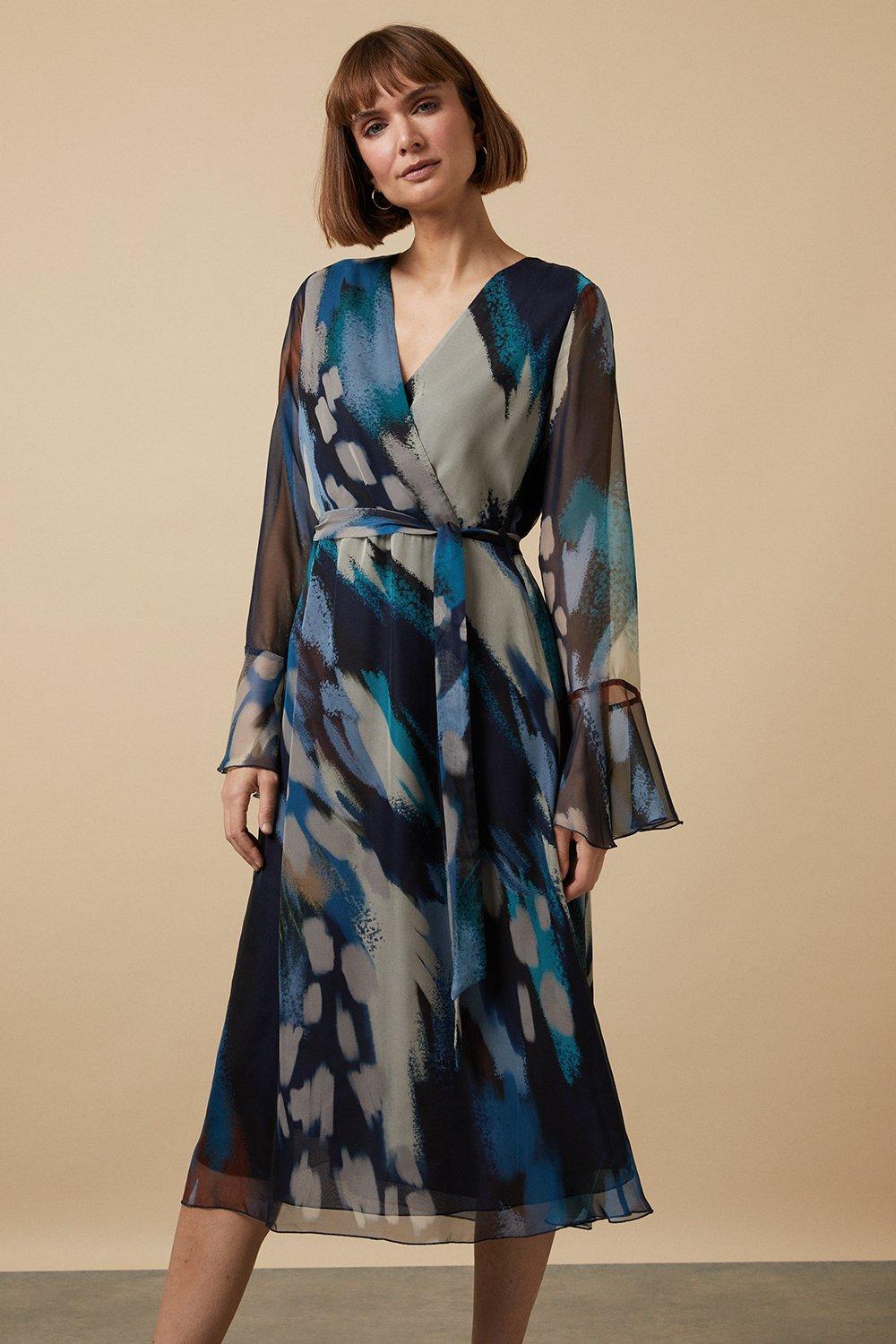 Womens Teal Abstract Belted Wrap Midi Dress