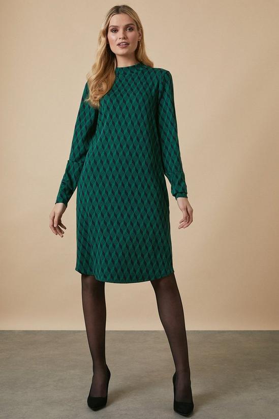 Wallis Tall Green Geo Jacquard High Neck Dress 1