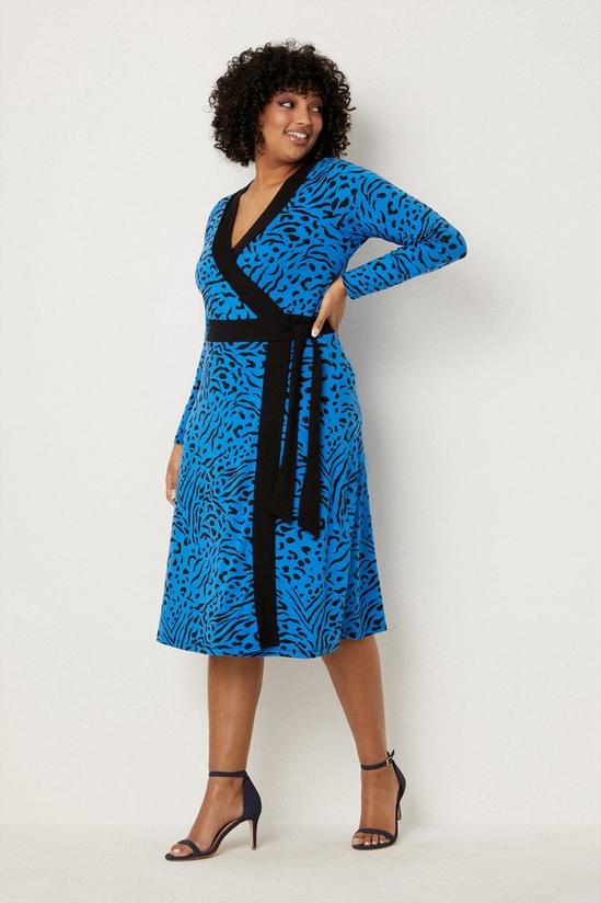Wallis Curve Blue Animal Jersey Wrap Belted Midi Dress 1