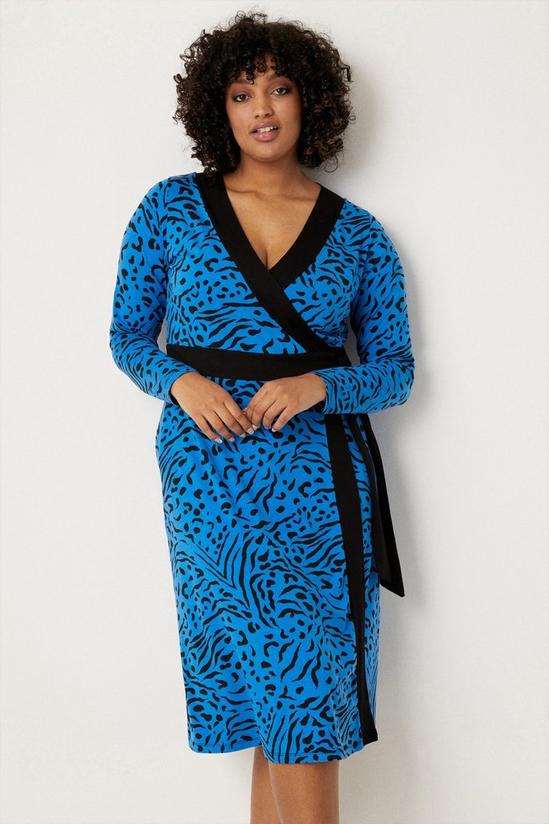 Wallis Curve Blue Animal Jersey Wrap Belted Midi Dress 2
