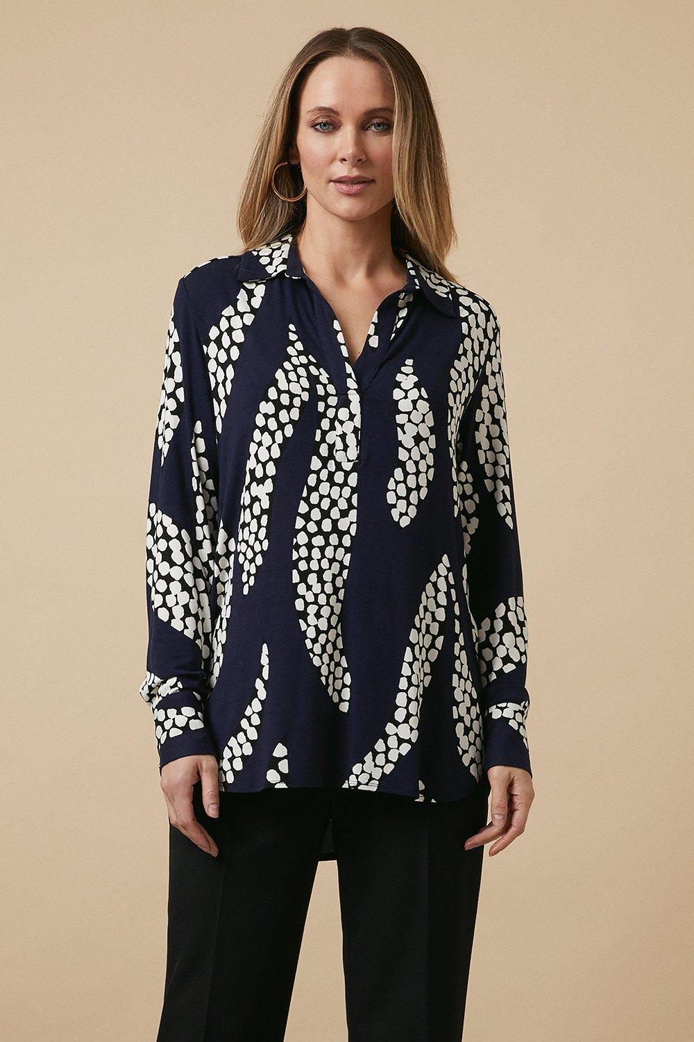 Womens Navy Spot Palm Print Collared Jersey Shirt