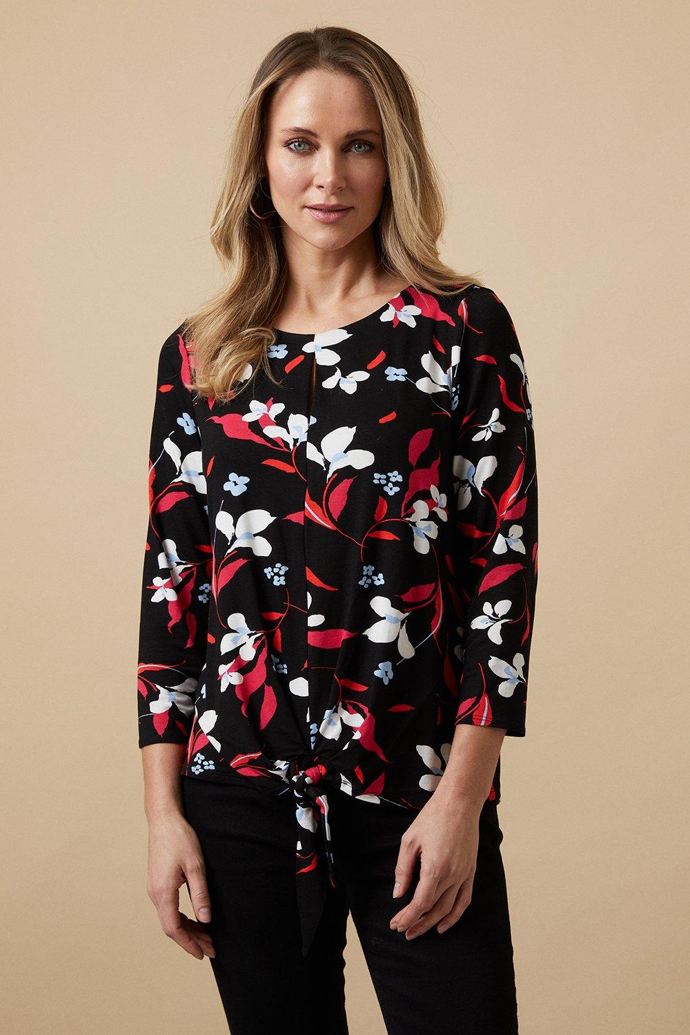 Womens Black Floral Key Hole Tie Front Jersey Top