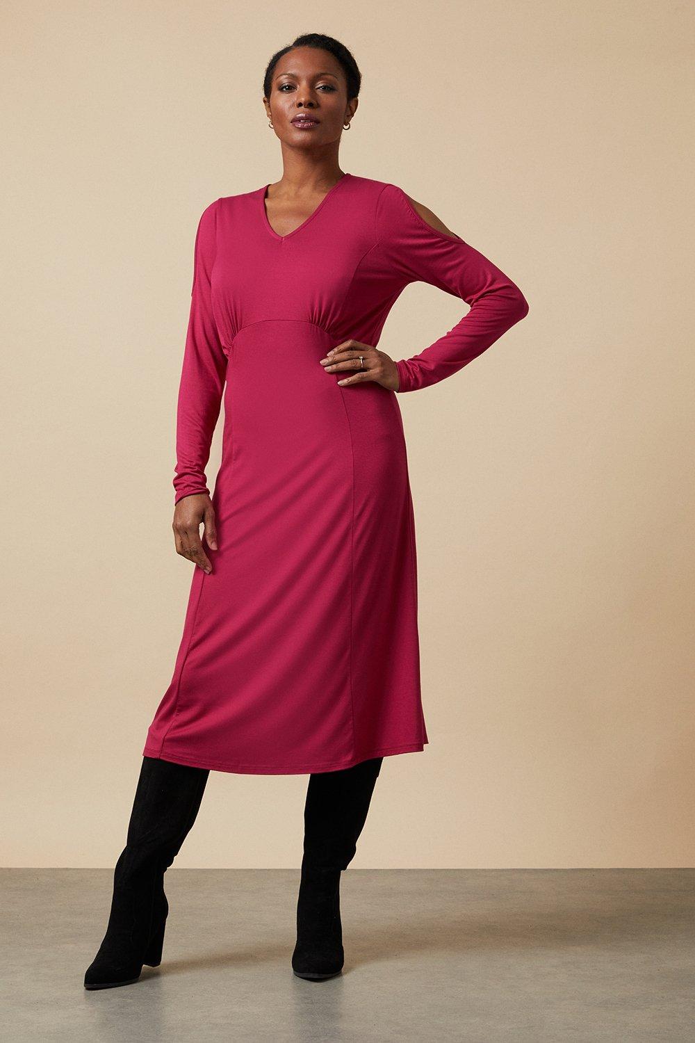 Womens Dark Pink Jersey Cold Shoulder Midi Dress