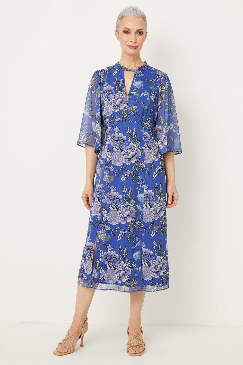 Womens Blue Floral Twist Neck Midi Dress