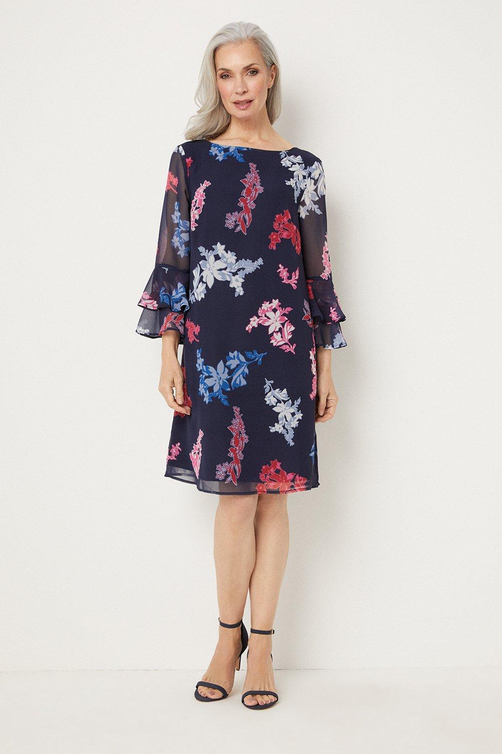 Womens Navy And Pink Floral Fluted Shift Dress