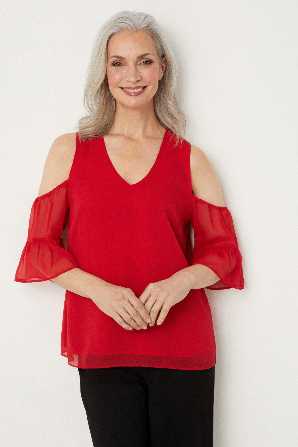 Womens Red Cold Shoulder Flute Sleeve Top