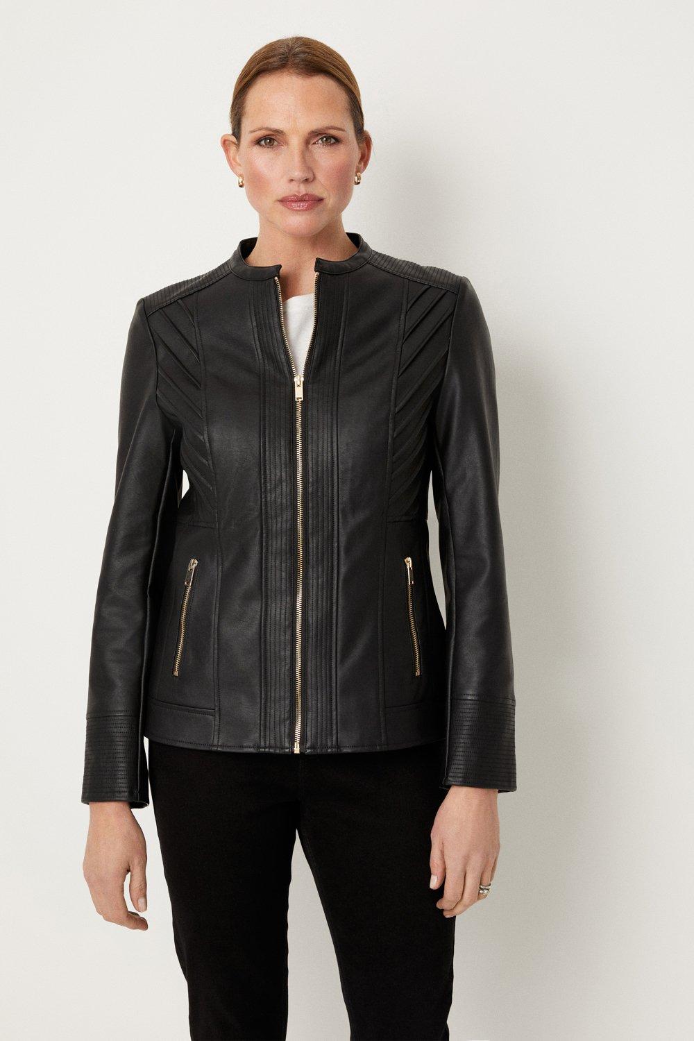 Black faux leather collarless jacket sale