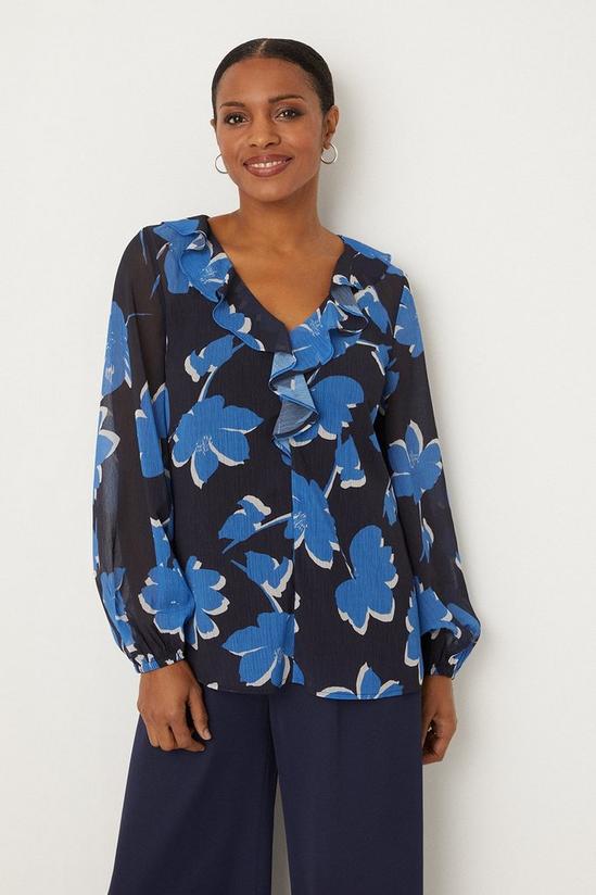 Wallis Navy Stencil Floral Ruffle Front Top 1