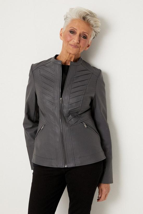 Wallis Petite Dark Grey Faux Leather Pleat Detail Zip Front Jacket 1
