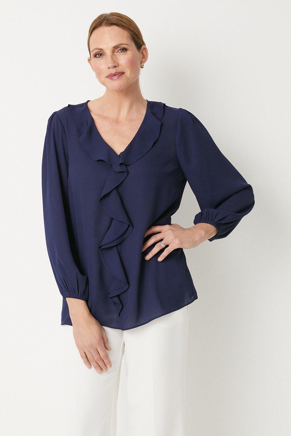 Womens Navy Ruffle Front Blouse