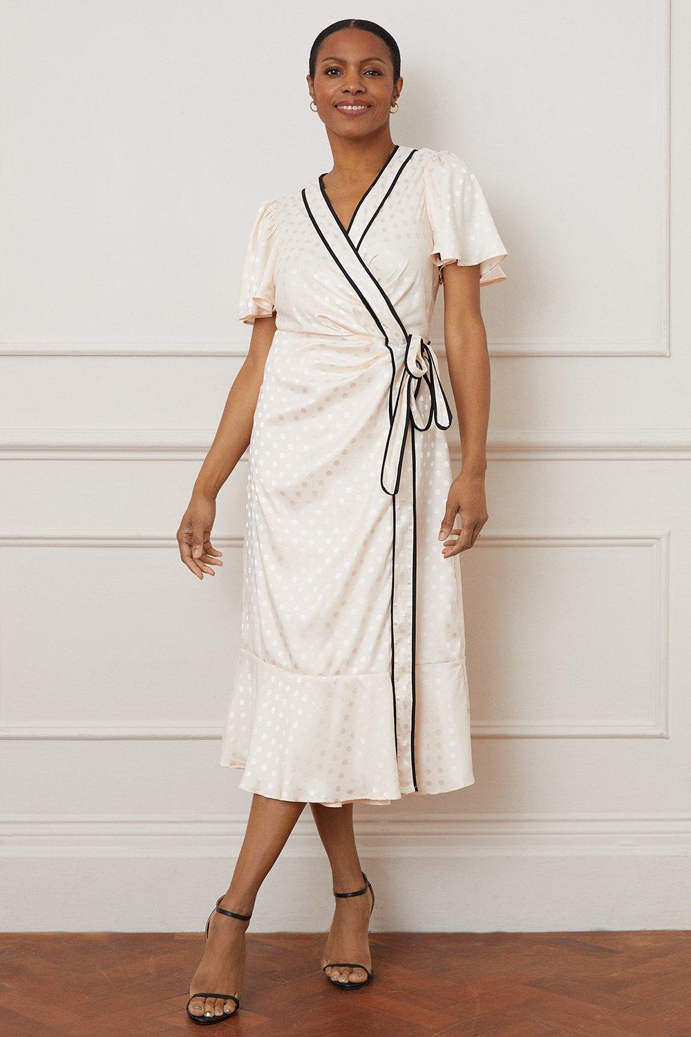 Womens Jacquard Spot Contrast Wrap Midi Dress