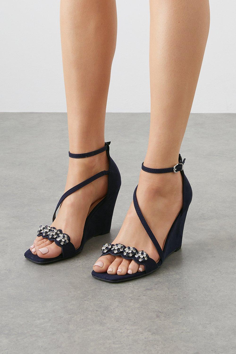 Womens Cecelia Jewel Detail Asymmetric Strap Wedge Sandals
