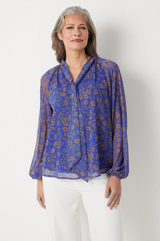Wallis Navy And Gold Floral Tie Neck Top 1