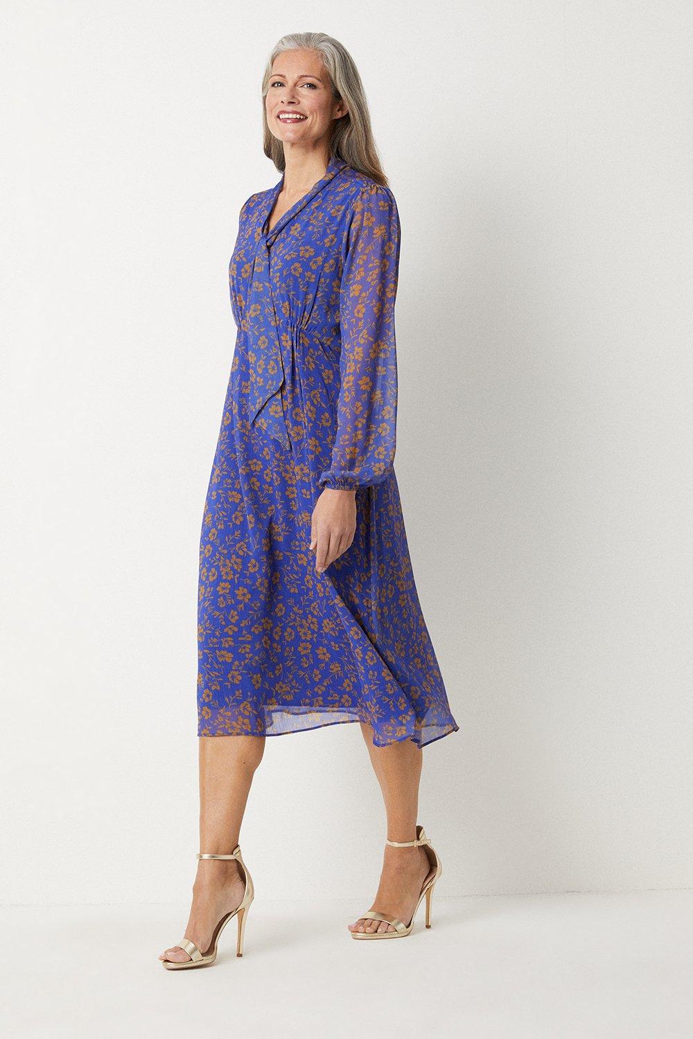 Womens Navy And Gold Floral Tie Neck Midi Dress