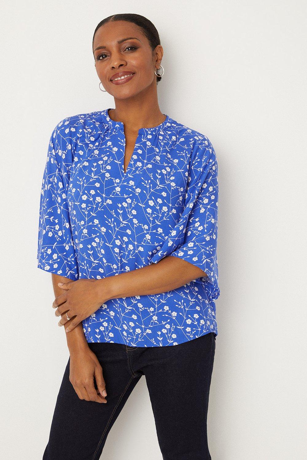 Womens Blue Ditsy Flute Sleeve Blouse