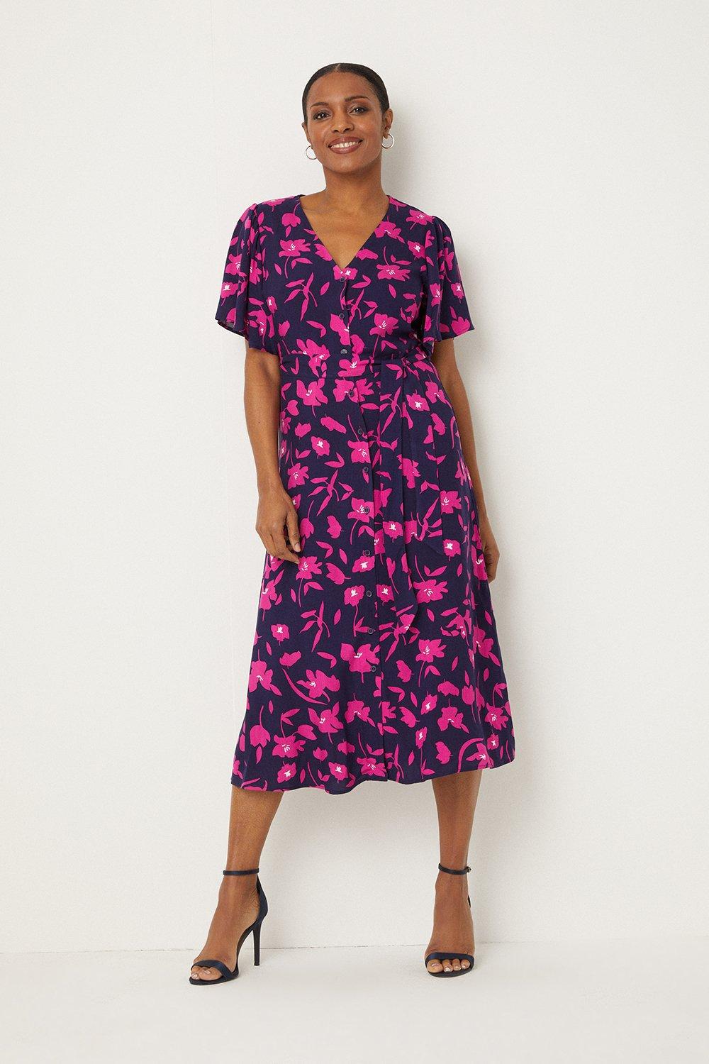 Womens Navy And Pink Floral Button Through Midi Dress