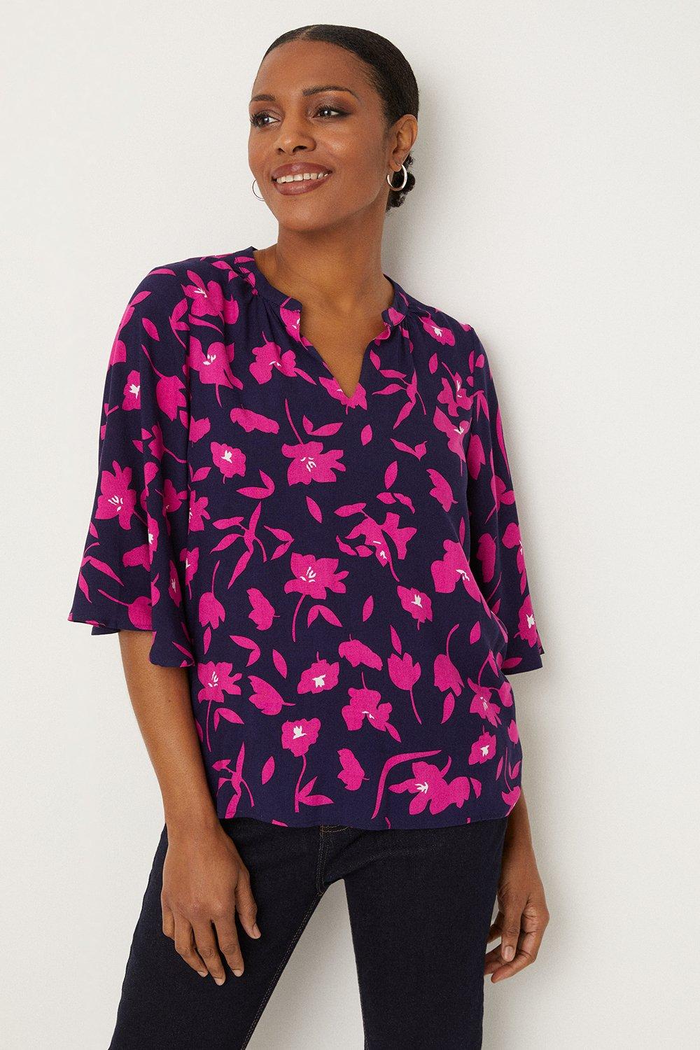 Womens Navy And Pink Floral Flute Sleeve Blouse