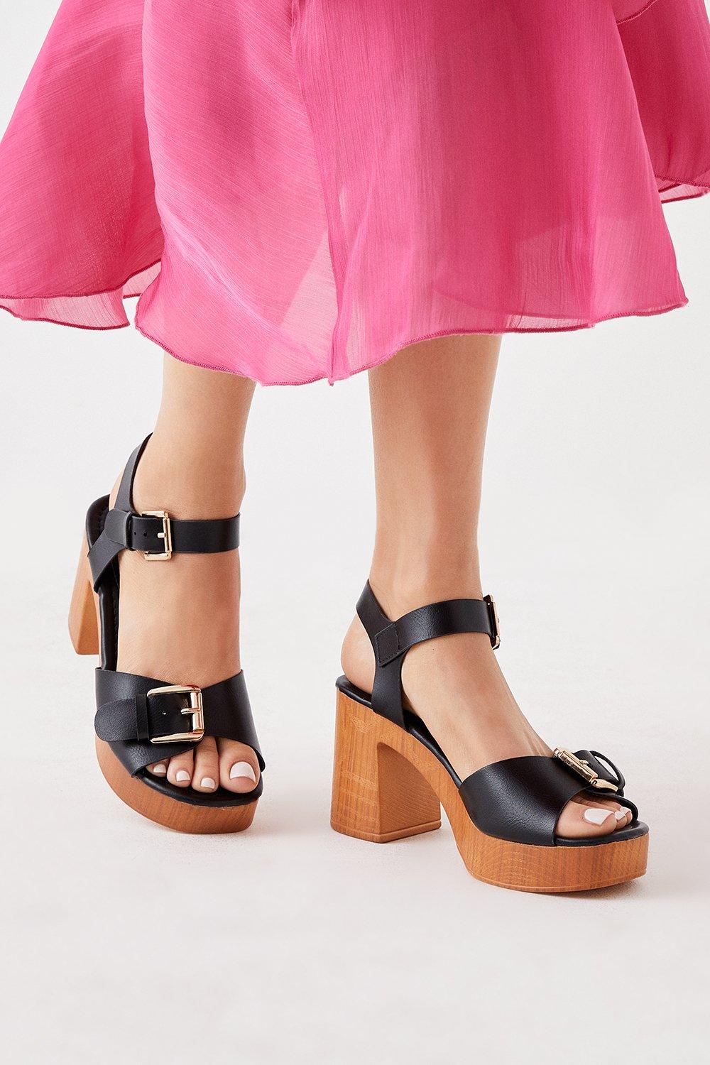 Womens Sunny Two Part Buckle Detail Platform Clog Heeled Sandals