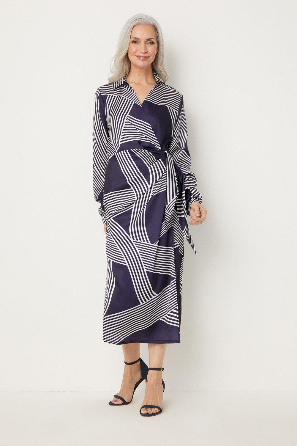 Womens Tall Navy Abstract Stripe Print Tie Wrap Dress