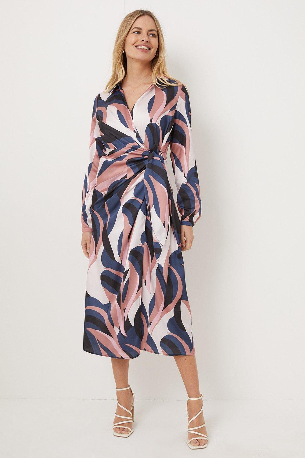 Womens Petite Blush Swirl Geo Satin Print Dress