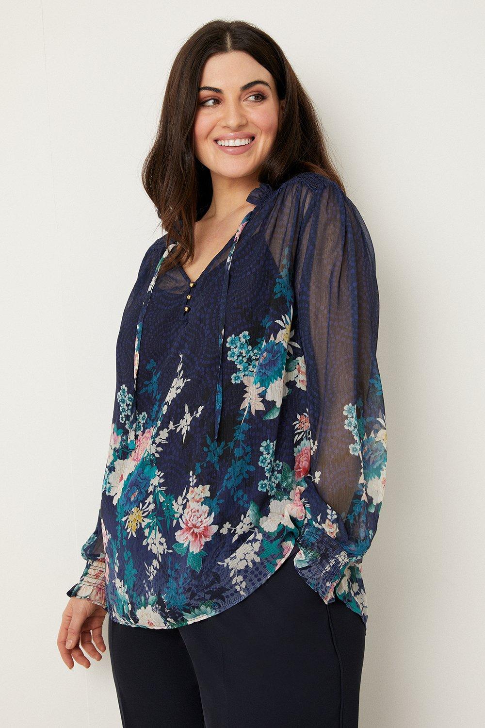 Tops | Curve Navy Floral Border Print Blouse | Wallis