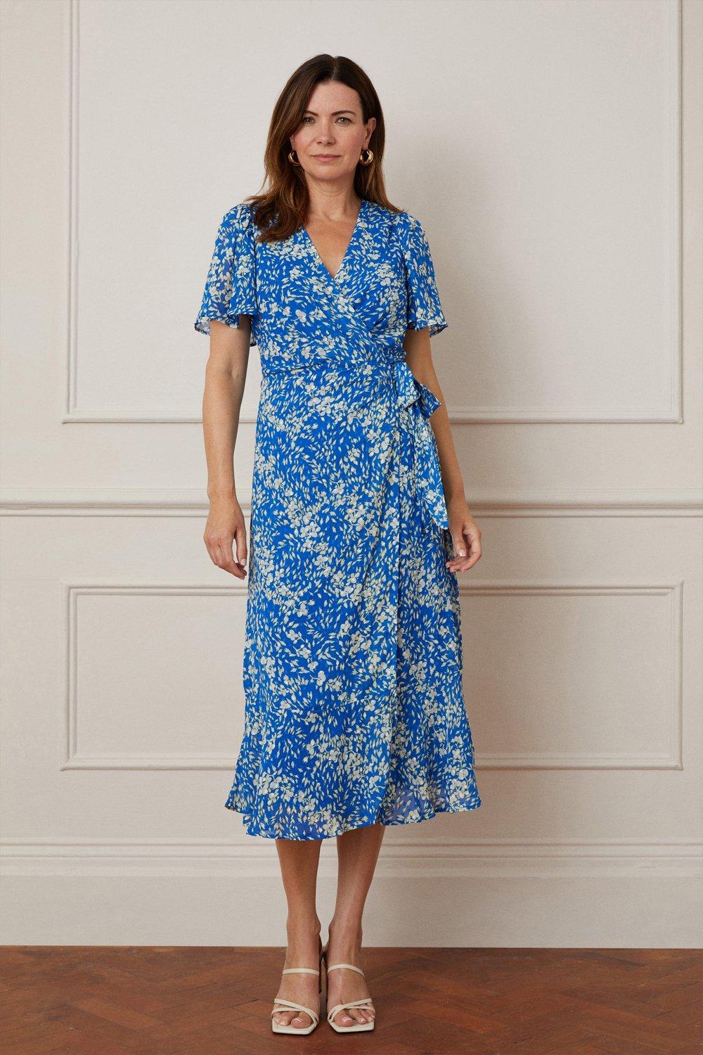 Womens Dobby Floral Print Wrap Midi Dress