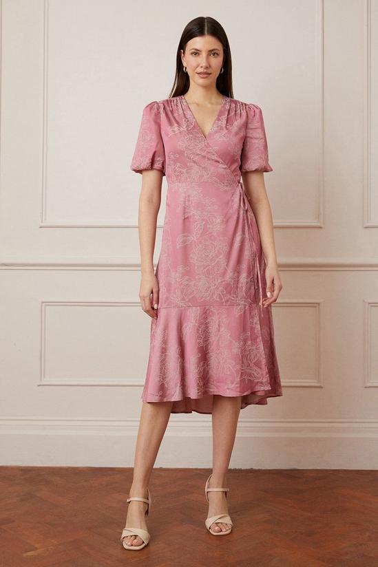 Wallis Jacquard Floral Puff Sleeve Wrap Midi Dress 1