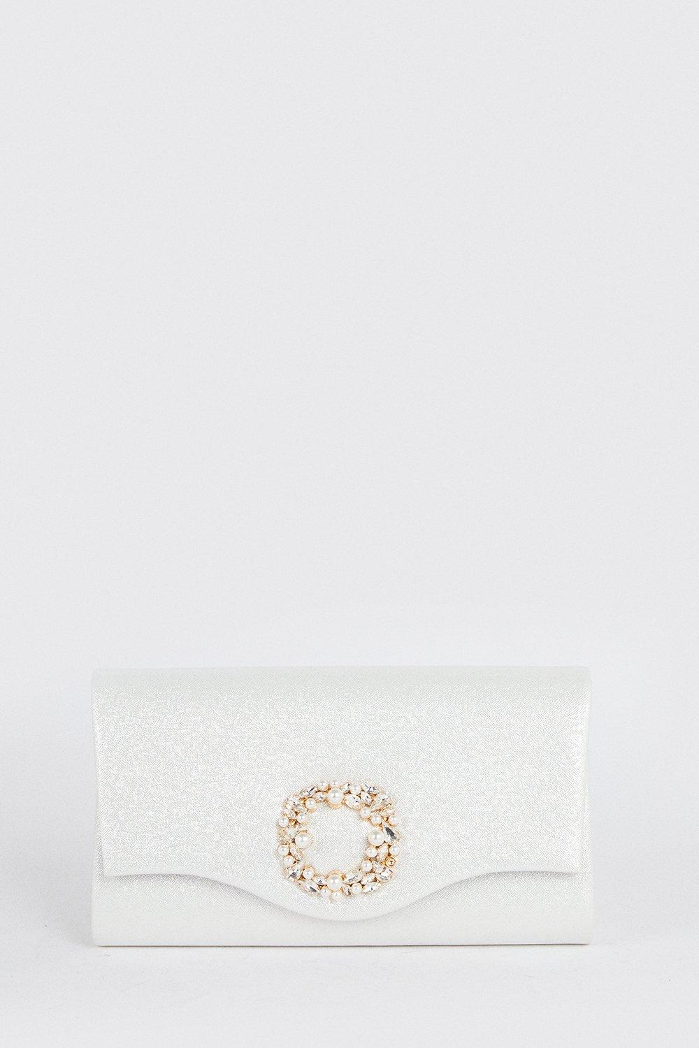 Womens Broach Detail Embellished Envelope Clutch Bag